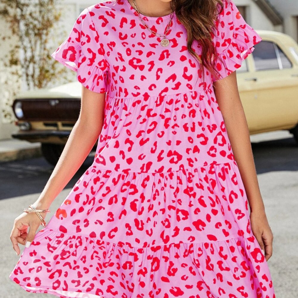 FLAW SHEIN Curve Dopamine Animal Print Pink Dress Ruffle Tiered Short Sleeve
